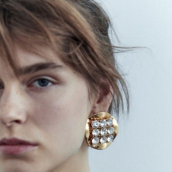 New ZARA  Exaggerated Gold circular statement earrings with rhinestone appliqués - Picture 8 of 10